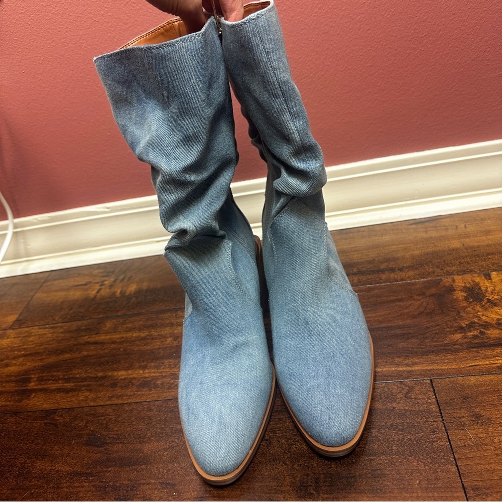Vince Camuto Kenidra Blue Denim Slouch Square Heel Boot Size 8.5 - Picture 2 of 8